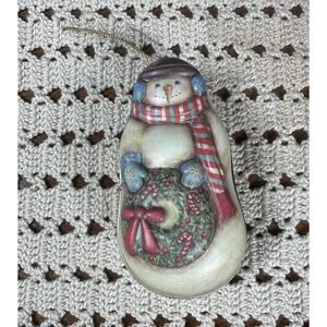 Vtg Candy Tin Ornament SnowMan Christmas RUSS Berrie Empty 4" Metal Trinket Box